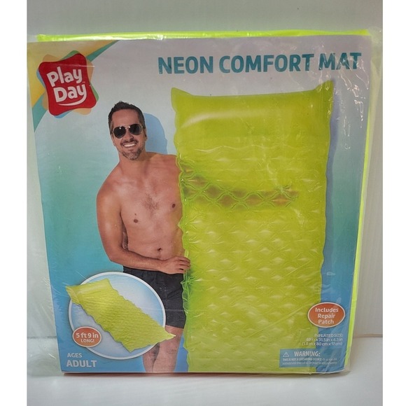 Play Day Neon Comfort Mat Inflatable Pool Float Lounger with Pillow Adult - Picture 5 of 6